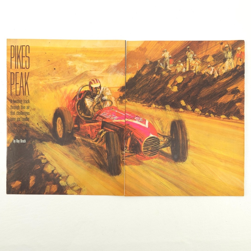 VTG 1964 Pikes Peak Illustrated Print Ad 2 Page Ray Brock Upcycled Hot Rod Mag